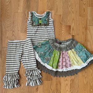 Mustard Pie Girls Striped Outfit with Patchwork Skirt Sz 5